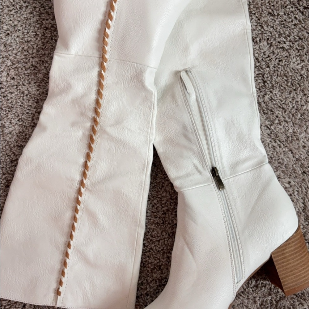White Knee-High Boots with Tan Detailing